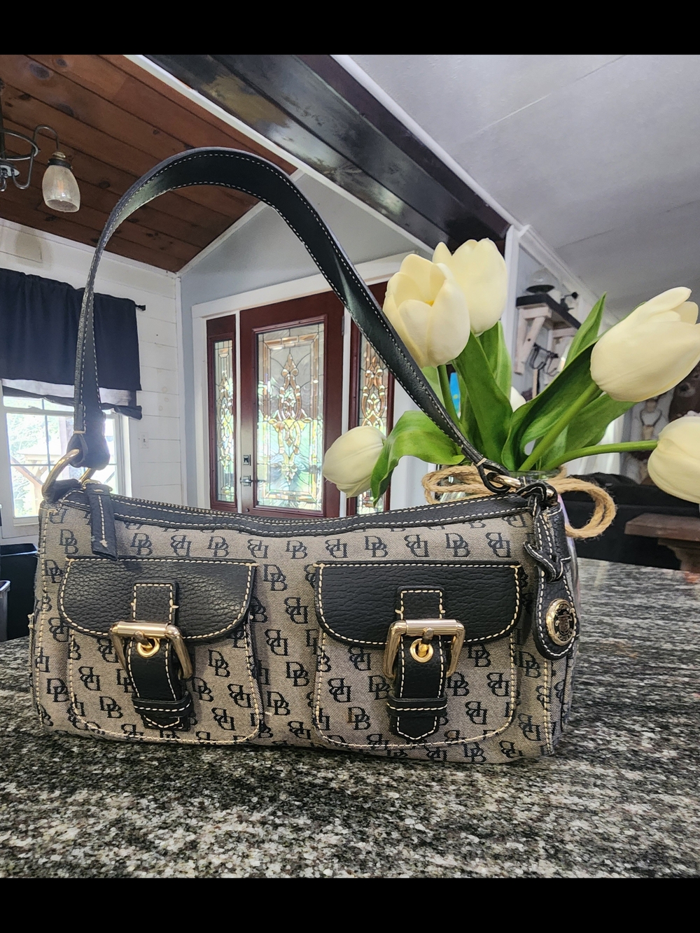 Dooney & Bourke Black and Beige Logo Jacquard Shoulder Bag-11×6×4 EUC